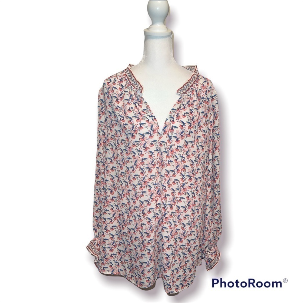 Last‎ Chance Floral Cherry Blossom Ruffle Neck Long Sleeve Blouse Top Size 2X